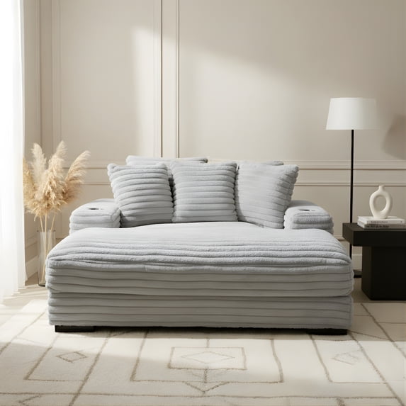 Cocoon Grey Fabric Oversized Chaise Lounge with Cupholder and USB
