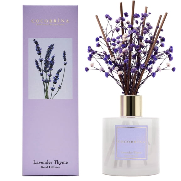 Cocorrna Premium Reed Diffuser Set with Preserved Baby's Breath & Cotton Stick Lavender Thyme | 6.76 Fl.oz Scent Diffuser for Bedroom Bathroom Home Dcor