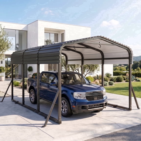 Vipuse 10' x 15' Heavy Duty Metal Carport with 4 Double-Sided Reinforced Support Poles and 4 Windproof Ground Anchors, All-Weather Outdoor Hardtop Car Shelter