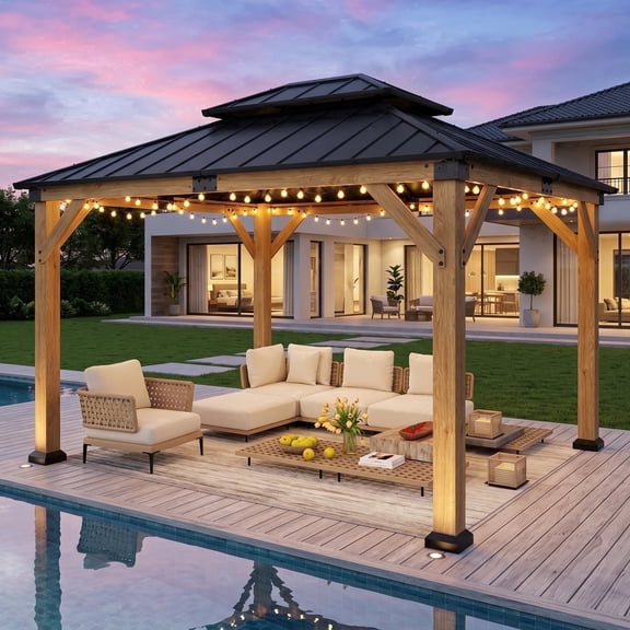 Vipuse 12' x 10' Hardtop Cedar Wood Gazebo with Double Galvanized Steel Roof, Outdoor Permanent Pavilion with Snow Load Support for Patio, Backyard