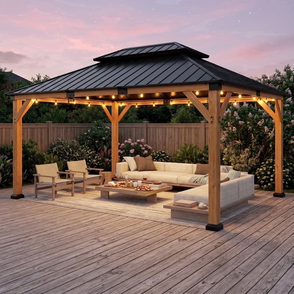 Vipuse 16' x 12' Outdoor Cedar Wood Gazebo with Double Galvanized Steel Roof, Permanent Hardtop Pavilion with Snow Load Support for Patio, Garden