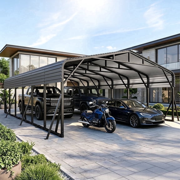 Vipuse 20' x 30' Heavy Duty Metal Carport, Outdoor Hardtop Car Shelter with 8 Double-Sided Reinforced Support Poles, Windproof Ground Anchors and Galvanized Steel Roof