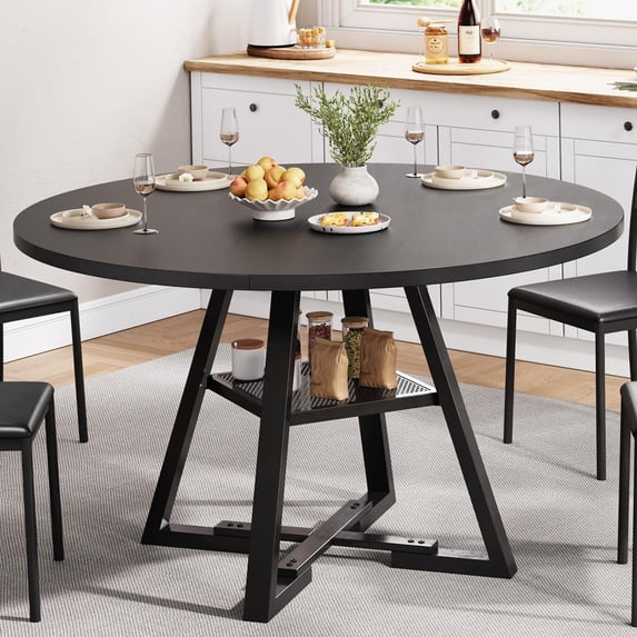 Cocosity 47 inch Wood Kitchen Table for 4, Round Dining Table with Storage Shelf for Home Dining Room Living Room Black