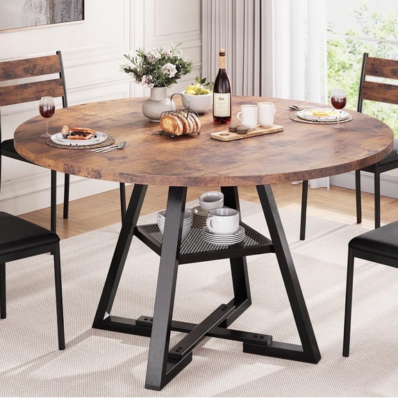 Hijob 47 inch Wood Kitchen Table for 4, Round Dining Table with Storage Shelf for Home Dining Room Living Room Brown
