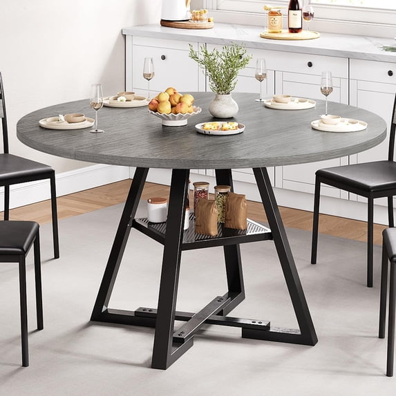 Cocosity 47 inch Wood Kitchen Table for 4, Round Dining Table with Storage Shelf for Home Dining Room Living Room Grey