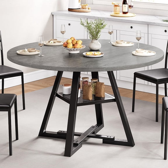 Cocosity 47 inch Wood Kitchen Table for 4, Round Dining Table with Storage Shelf for Home Dining Room Living Room Grey