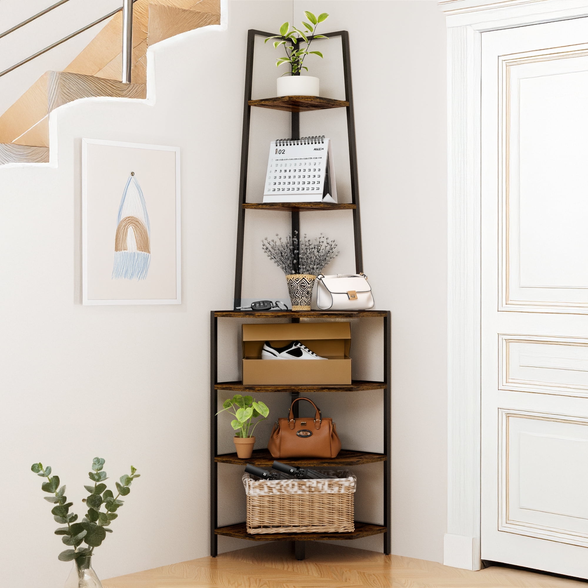 Cocosity 68.5" Farmhouse Tall Corner Cabinet with 6 Tier Storage Shelves for Kitchen Living Room, Antique Brown