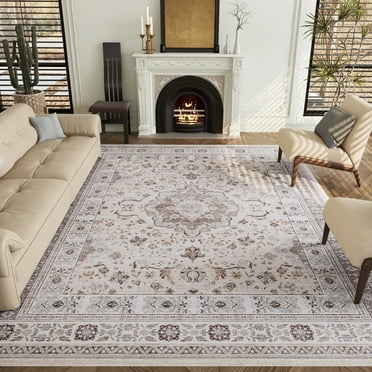 Cocosity 8'x10' Polyester Beige Area Rugs,Vintage Non-Slip Washable Floral Beige Area Rugs for Living Room
