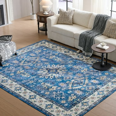 Cocosity 8x10 Distressed Floral Pattern Area Rugs for Living Room, Bedroom, Dining Room Blue