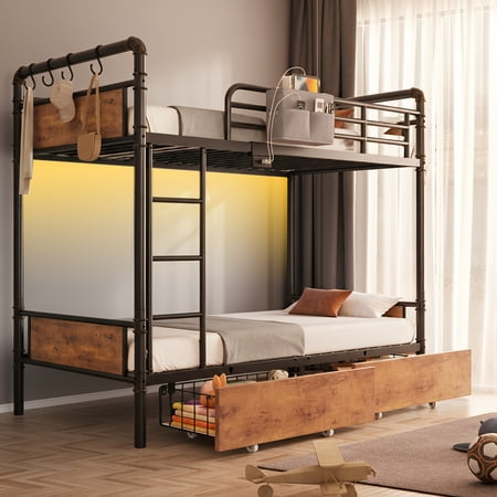 Cocosity Convertible Twin over Twin Size Bunk Bed with Storage Drawers for Teens Adults Bedroom