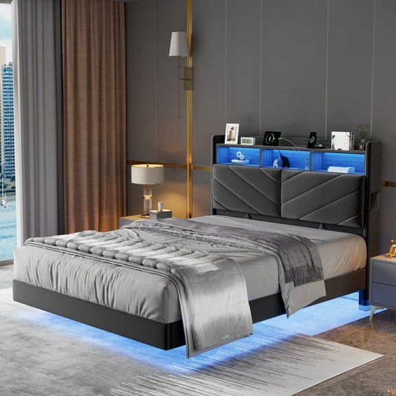 Cocosity Floating Upholstered Bed Frame Full Size with Ergonomic & Adjustable Storage Headboard, Gray