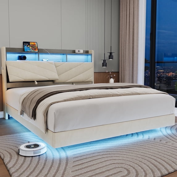 Cocosity Floating Upholstered Bed Frame King Size with Ergonomic & Adjustable Storage Headboard, Begie