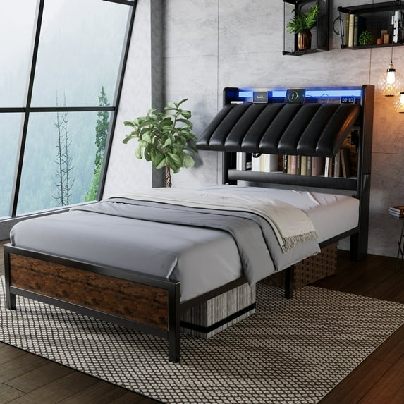 Cocosity Heavy Duty Twin Size Metal Bed Frame with Faux Leather Adjustable Headboard & LED Lights & Charging Station for Bedroom, Black