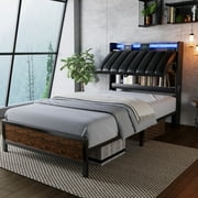 Cocosity Heavy Duty Twin Size Metal Bed Frame with Faux Leather Adjustable Headboard & LED Lights & Charging Station for Boys Kid's Bedroom, Black