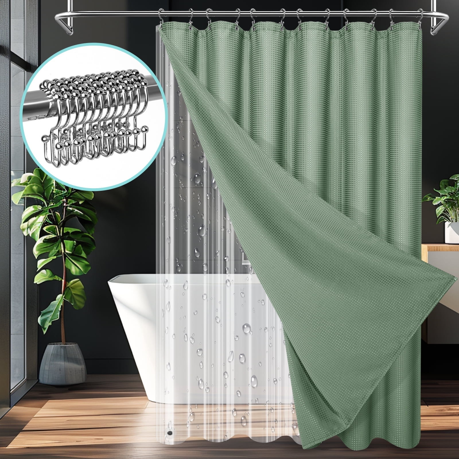 Cocosity Heavy Duty Waffle Textured Sage Green Shower Curtains Set with ...