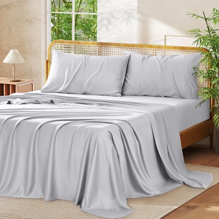 Cocosity Rayon Bamboo Full Size Cooling Light Gray Bedding Sheets with Pillowcases for Home Hotel Apartment