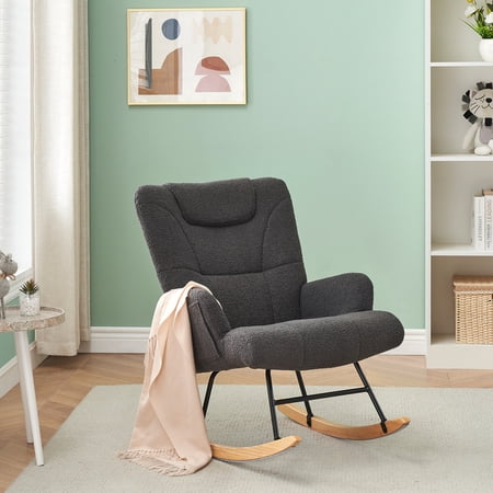 Cocosity Metal Support Nursery Rocker, Upholstered Sherpa Glide Rocker with High Back, Suitable for Nursery, Bedroom, Living Room, Office, Dark Gray