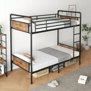 Cocosity Metal Twin Over Twin Bunk Bed with Black Brown Leather Headoard, Convertible Twin Bunk Beds Into 2 Individual Twin Bed,
