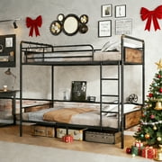 Cocosity Metal Twin over Twin Bunk Bed with Storage Bag 2 Convertible Twin Beds , Antique Wood Grain
