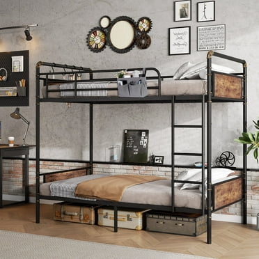 Cocosity Metal Twin over Twin Bunk Bed with Storage Bag 2 Convertible Twin Beds , Antique Wood Grain