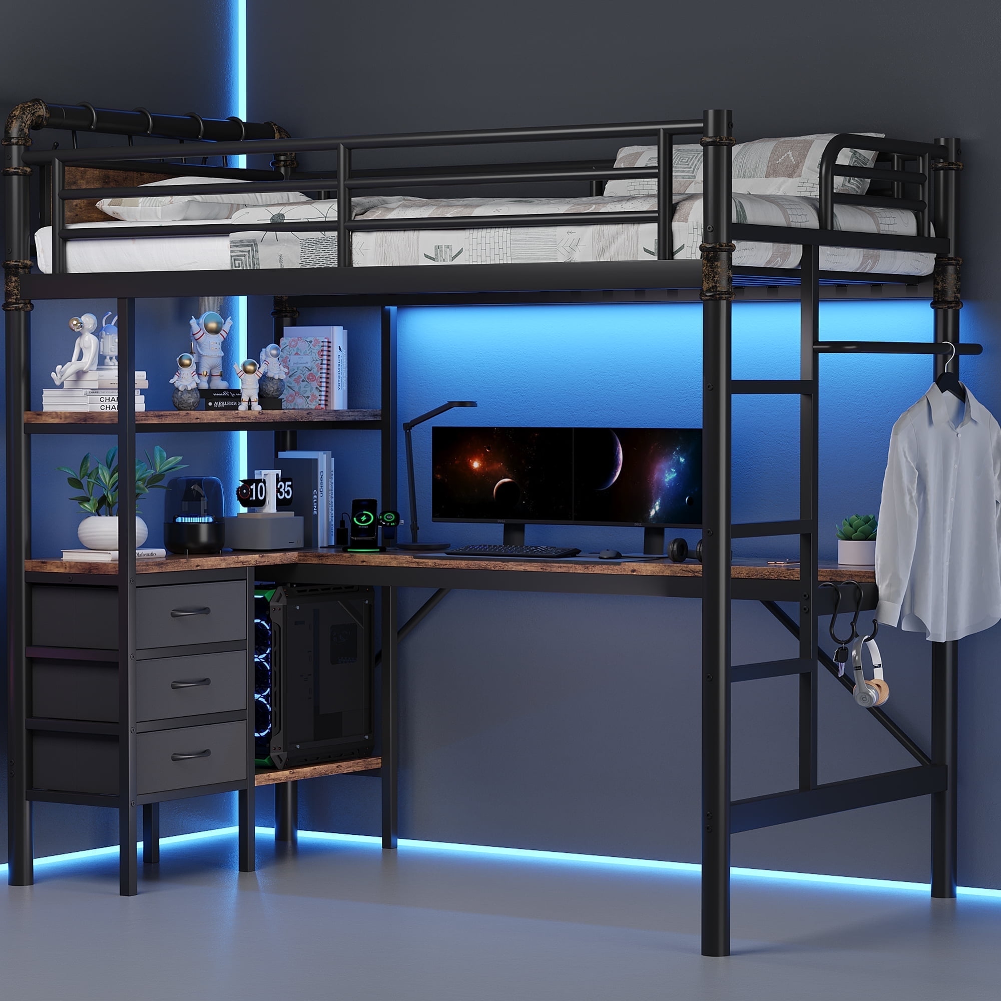 Cocosity Metal Twin Loft Bed, L-Shaped Desk, LED Light, Fabric