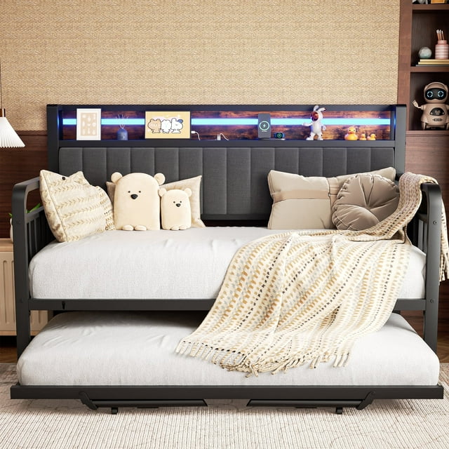 Cocosity Modern Sturdy Metal Twin Daybed Frame with Trundle & Upholstered LED Headboard, Sofa Bed for Small Apartment, Gray & Brown