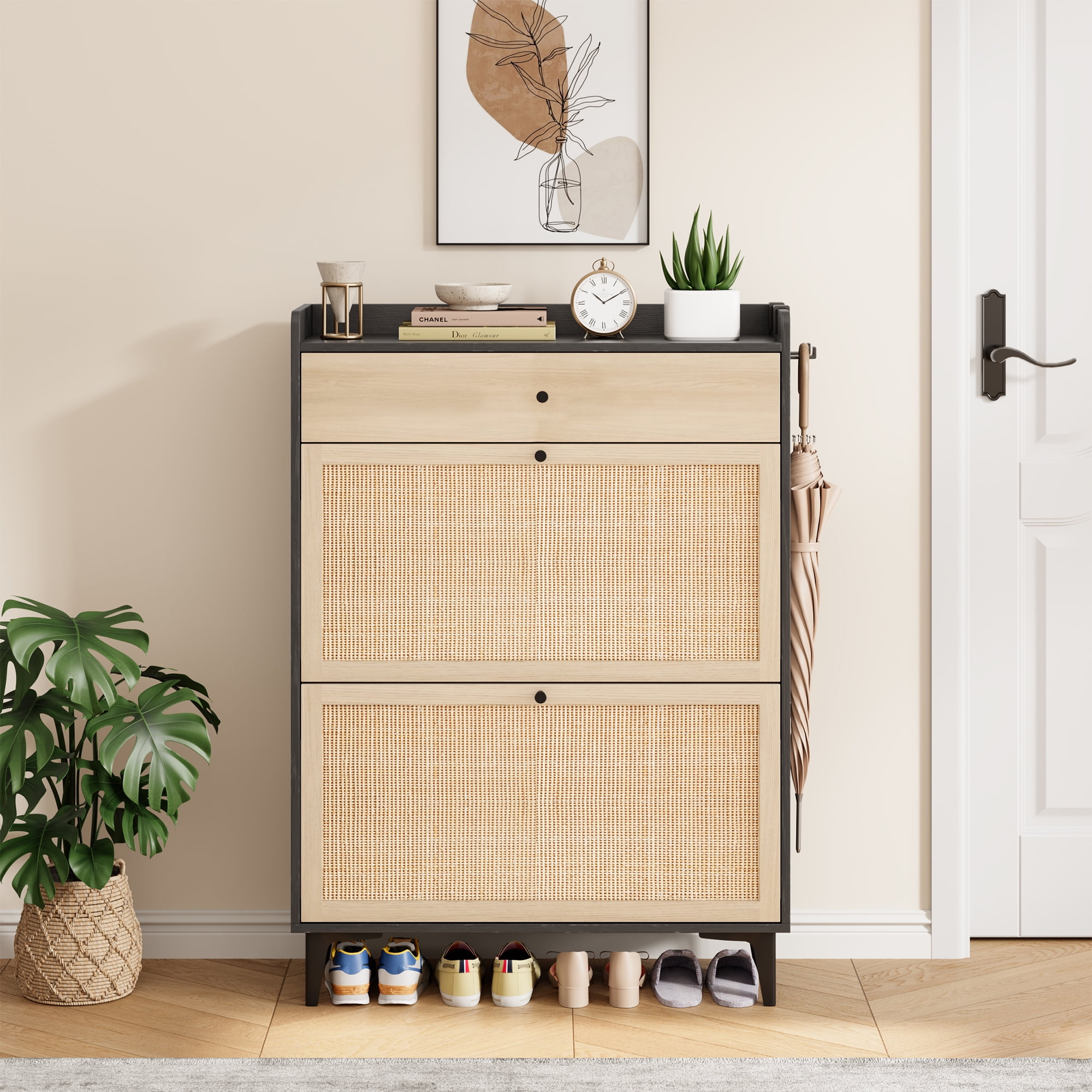 Cocosity Natural Rattan Shoe Cabinets Storage with 2 Flip Drawers for Entryway Hallway, Black