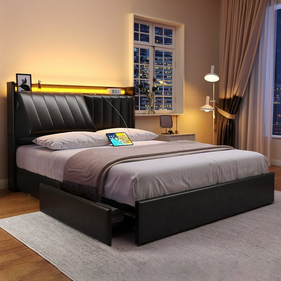 Cocosity Queen Size Upholstered Bed Frame with 4 Storage Drawers and Ergonomic & Adjustable Storage Bookcase Headboard