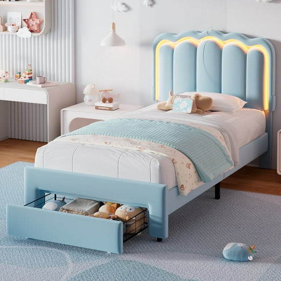 Cocosity Soft Velvet Upholstered Platform Twin Size LED Bed Frame with Drawer Adjustable Lighted Headboard for Boys Kid's Bedroom, Blue