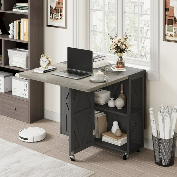 Cocosity Space Saving Folding Dining Table with 2 Tier Storage,Gray Black