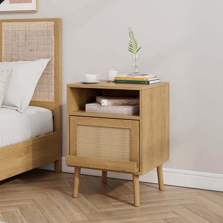 Cocosity Springwood Caning Nightstands with Drawer and Storage Shelf, Side Table for Living Room Bedroom
