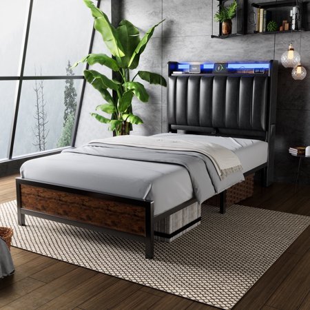 Cocosity Twin size Platform Bed Frame with Ergonomic Leather Headboard for Home Bedroom