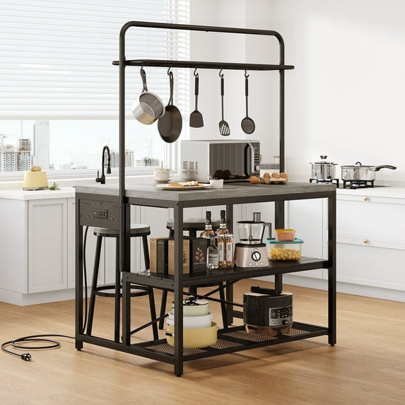 Cocosity Versatile farmhouse Gray Kitchen Islands Table with Storage & 5 Hooks for Kitchen Dining Living Room