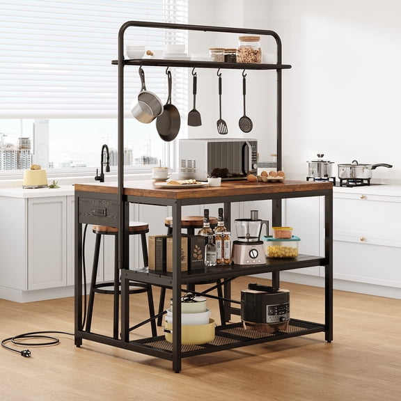 Cocosity Kitchen Island with Power Outlet&5 Hooks, Bakers Rack with Storage,Industrial Coffee Bar Table for Kitchen Dining Living Room(Vintage Brown)