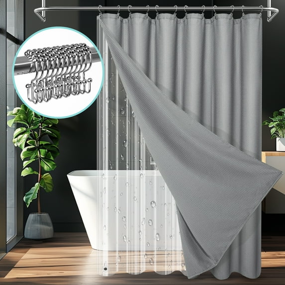 Cocosity Waffle Textured Polyester Fabric Heavy Duty Shower Curtains & Liners & Hooks - Gray 72"x72"