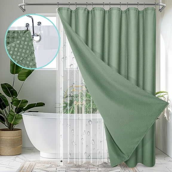 Cocosity Waffle Textured Polyester Fabric Heavy Duty Shower Curtains & Liners & Hooks - Green 72"x72"