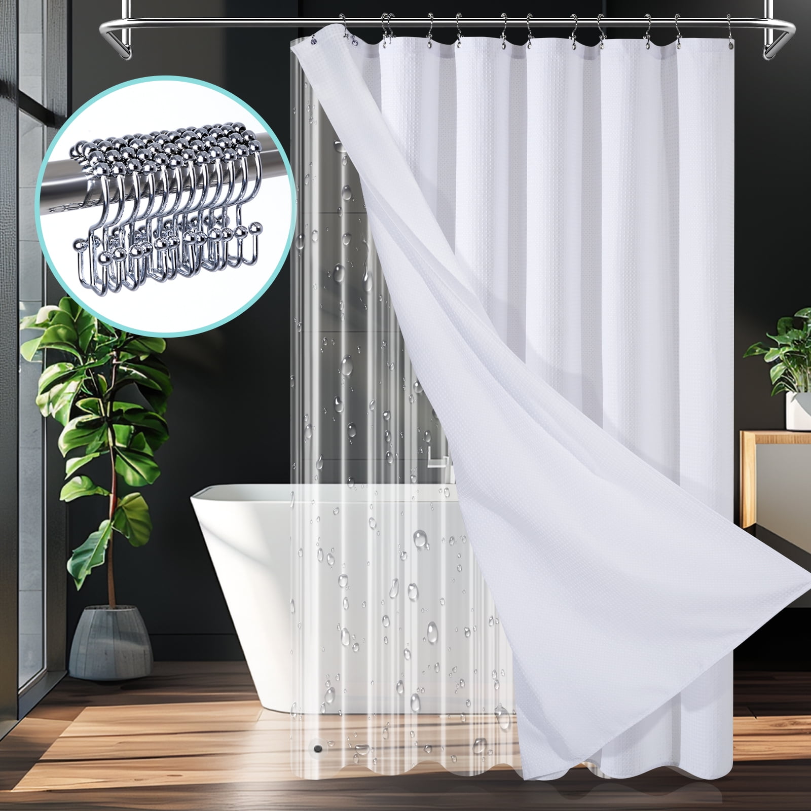 White & Black Geometric Shower Curtain – Waterproof Polyester, 72x72 Inches, 12 Hooks Included, Machine Washable - View #9
