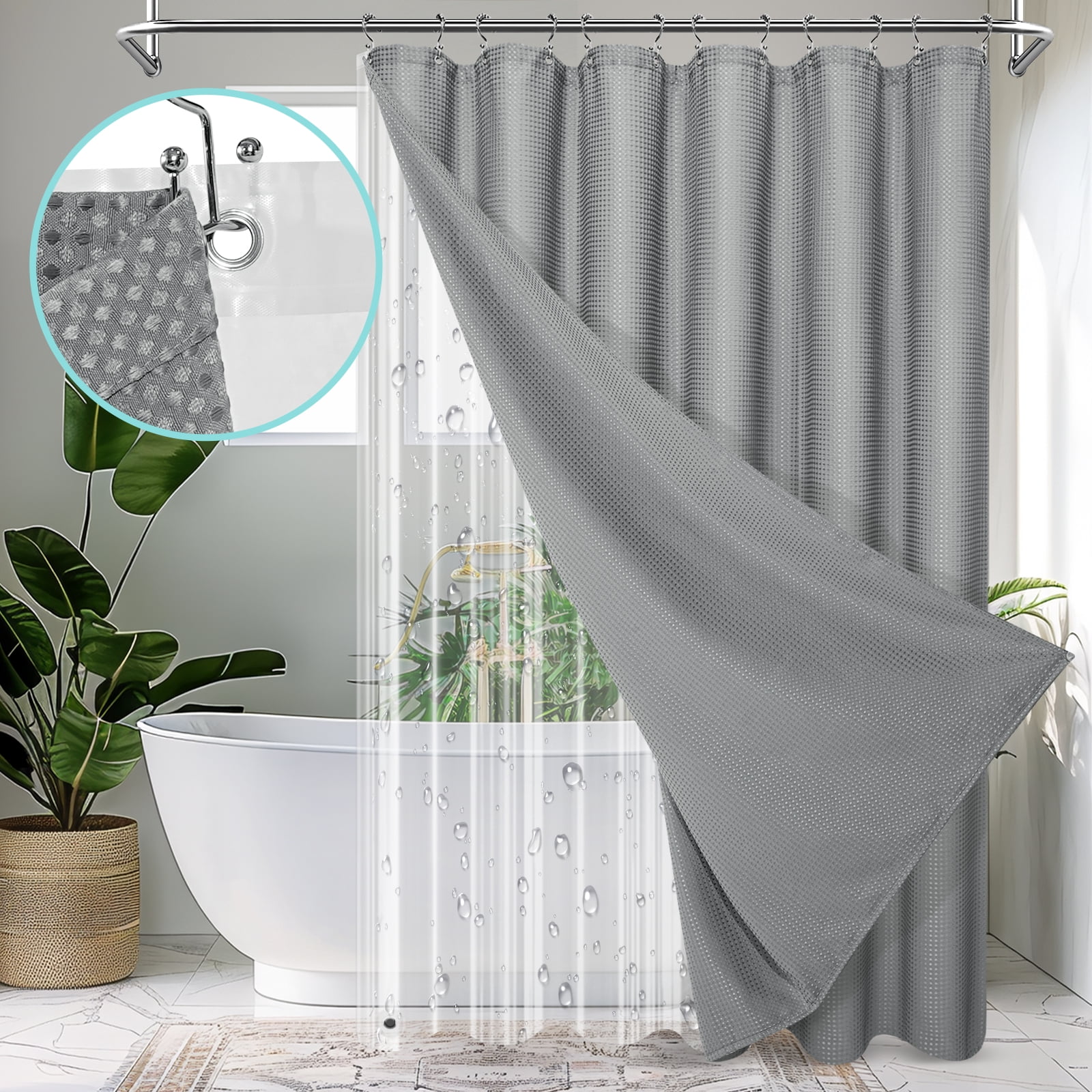 Cocosity Heavy Duty Waffle Textured Gray Shower Curtains Set with Liner ...