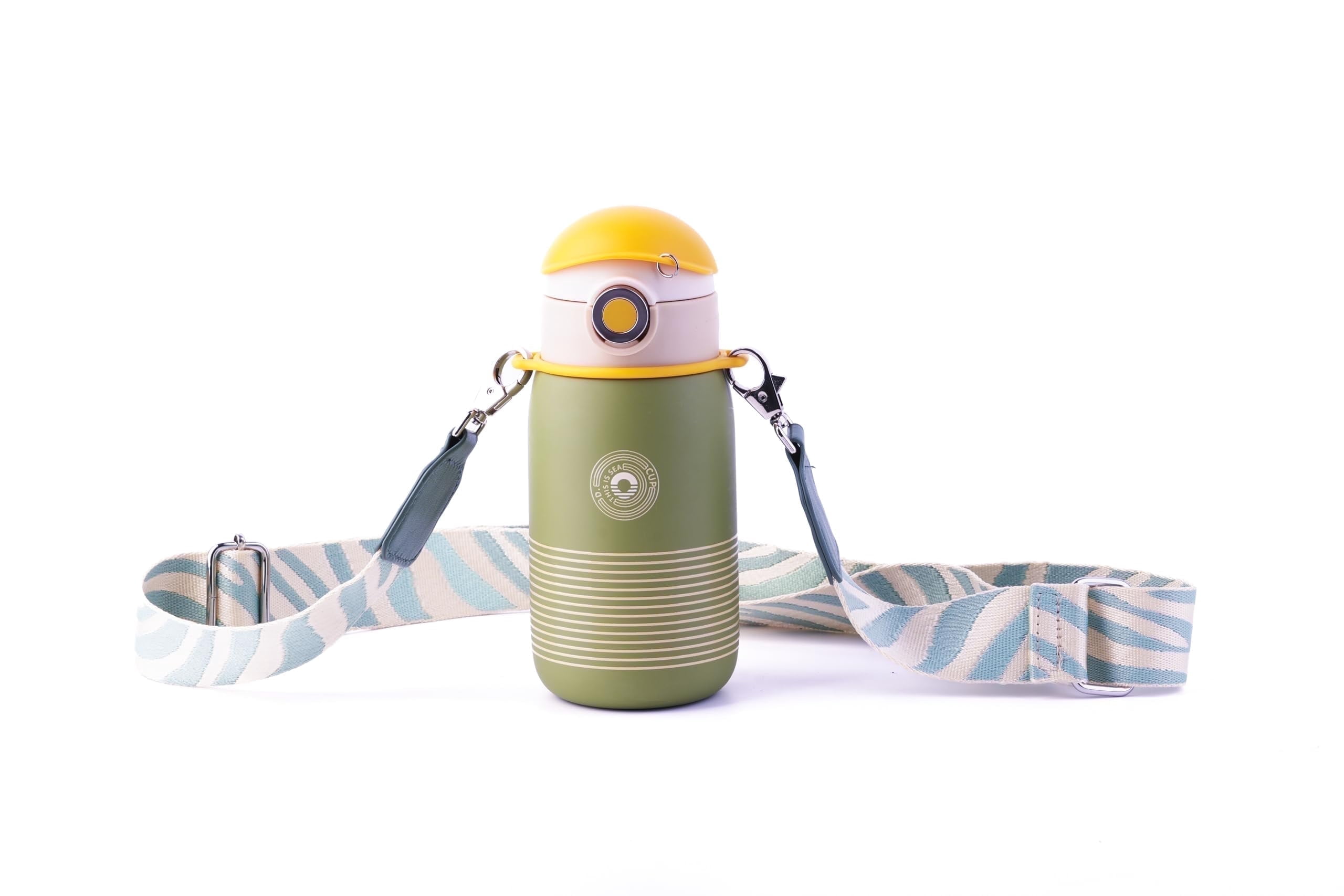 Cocosmile Striped Kids Stainless Steel Thermal Water Bottle with Carrying Lanyard, Vacuum-Insulated, BPA-Free, Durable Cup, 17 oz, Grey Green (With Straw)