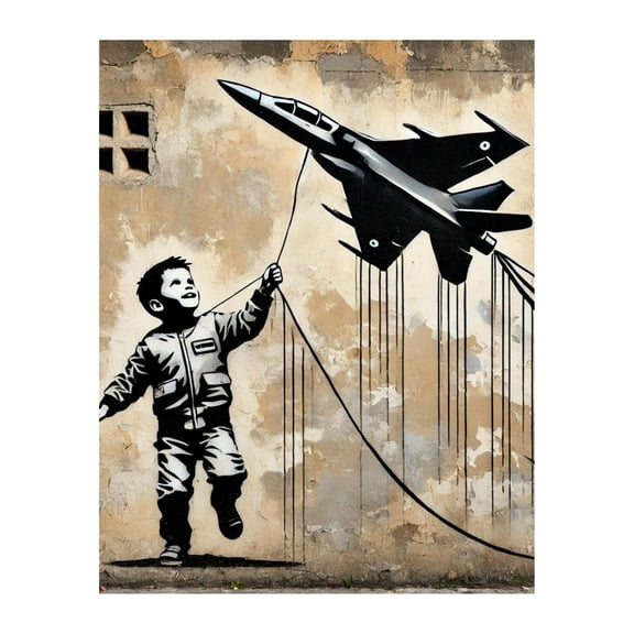 Cocosmile Boy Playing With Jetfighter Kite Poster - Aircraft Kite Print - Banksy Art - Street Art - Graffiti Art - Great Kid's Room or Bedroom Wall Decor - 8x10 UNFRAMED Wall Art