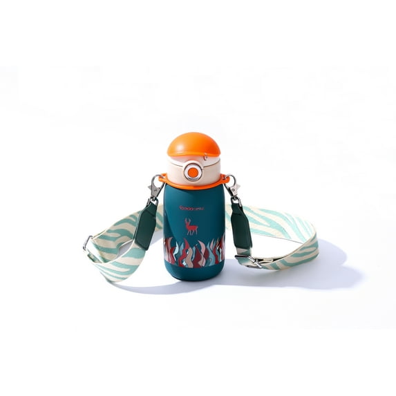 Cocosmile Deer Kids Stainless Steel Thermal Water Bottle with Carrying Lanyard, Vacuum-Insulated, BPA-Free, Durable Cup, 17 oz, Dark Green (With Straw)