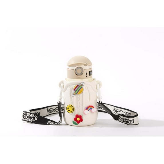 Cocosmile Cap Fun Charm Straw Thermoses Cup with Sleeve for Kids (Tan/White)