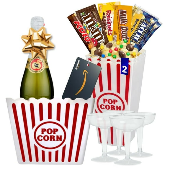Movie Night Gift Basket with Popcorn, Candy, Sparkling Wine, Plus 1 Movie Rental & Plastic Glasses