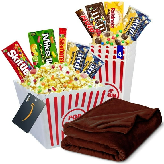 Movie Night Popcorn and Candy Gift Basket with Fleece Blanket, Plus 1 Movie Night Gift Card (Family Pack)