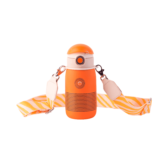 Cocosmile Striped Kids Stainless Steel Thermal Water Bottle with Carrying Lanyard, Vacuum-Insulated, BPA-Free, Durable Cup, 17 oz, Orange (With Straw)