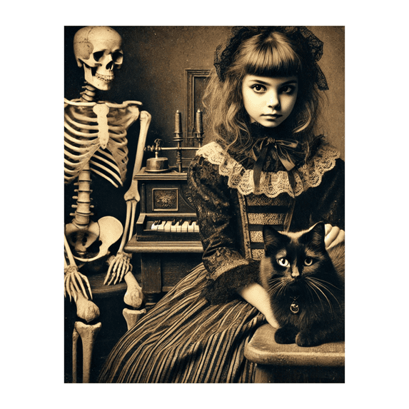 Cocosmile Vintage Young Girl and Skeleton Poster - Retro Halloween Print - Skeleton Art - Black Cat Art - Gift for Men & Women - Gothic Decor for Living Room or Bedroom - 11x14 UNFRAMED Wall Art