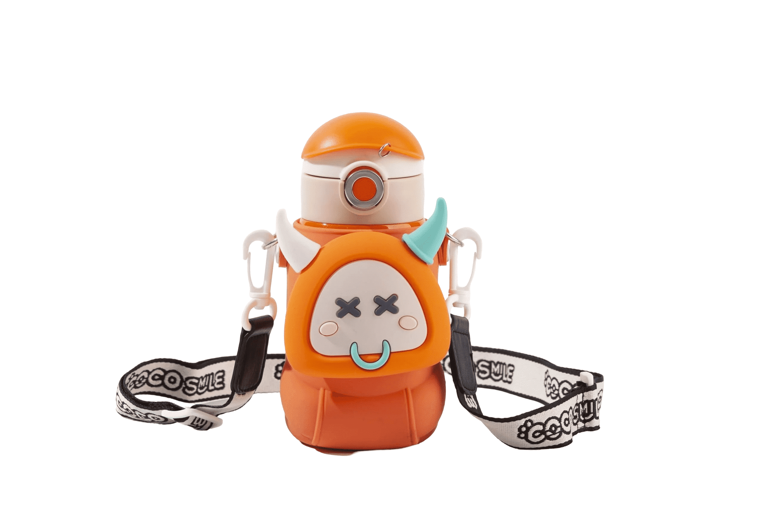 Cocosmile Squeaky Sleeve Kids Stainless Steel Water Bottle with Carrying Lanyard, Vacuum-Insulated Thermal, BPA-Free, Durable Cup, 17 oz, Orange Cow (With Straw)