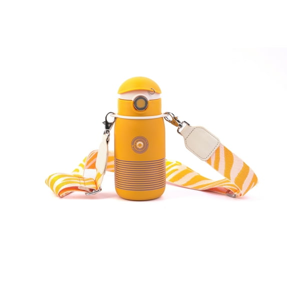 Cocosmile Striped Kids Stainless Steel Thermal Water Bottle with Carrying Lanyard, Vacuum-Insulated, BPA-Free, Durable Cup, 17 oz, Dark Blue (With Straw)