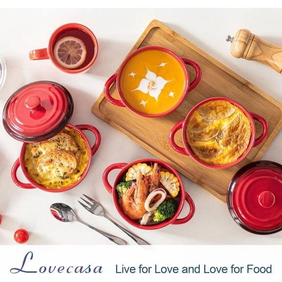 Mini Cocotte Set, 12 OZ Small Casserole Dishes with Lids, Soup Bowls With Handles, Individual Baking Ramekins, Oven, Microwave & Dishwasher Safe, Set of 4, Red