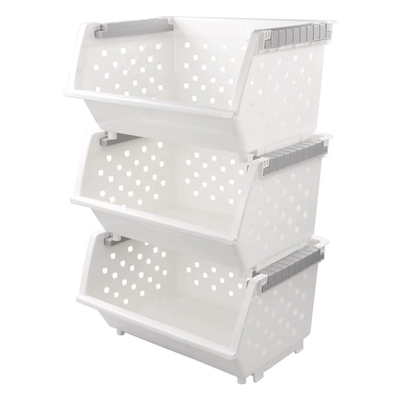 CodYinFI 3 Pack Large Stackable Storage Bins Kitchen Plastic Stacking Basket, White